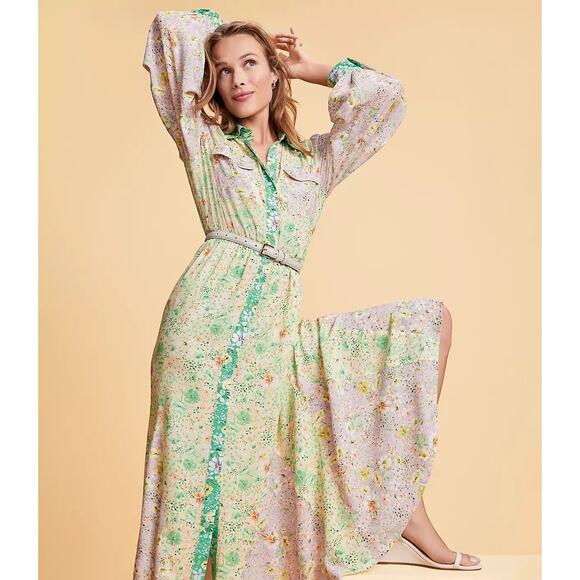 LOFT Garden Party Long Sleeve Patchwork Floral Button Front Dress Size Medium - Picture 1 of 16